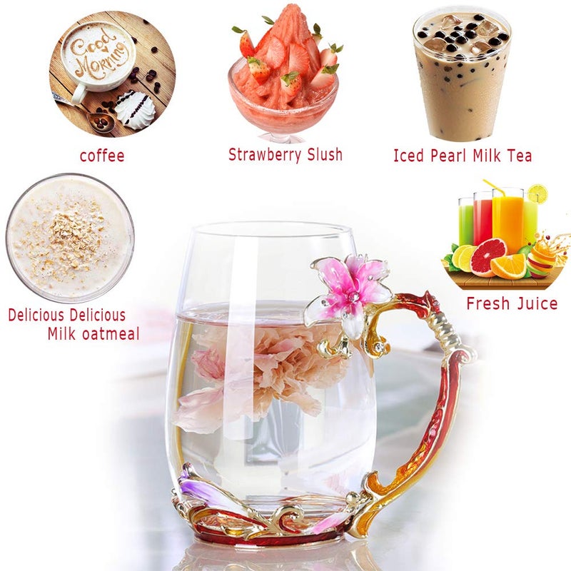 Mooduuty Tea Cup, Motherâ€™s Day Gifts, Coffee Mug Cups, Lily Flower Glass Tea Cup, Unique Personalized Birthday Present Ideas for Women Grandma Mom Teachers Hot Beverages 13OZ Pink - Image 5